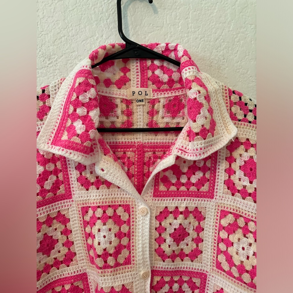 Pol Pink Multi Crochet Pattern Button Down Shirt … - image 4